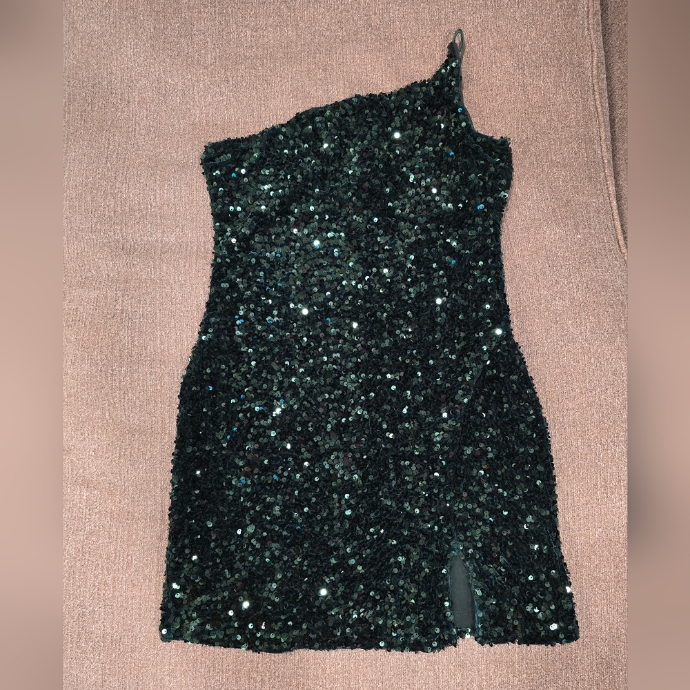 Dark Green Sequin One-Shoulder Dress
